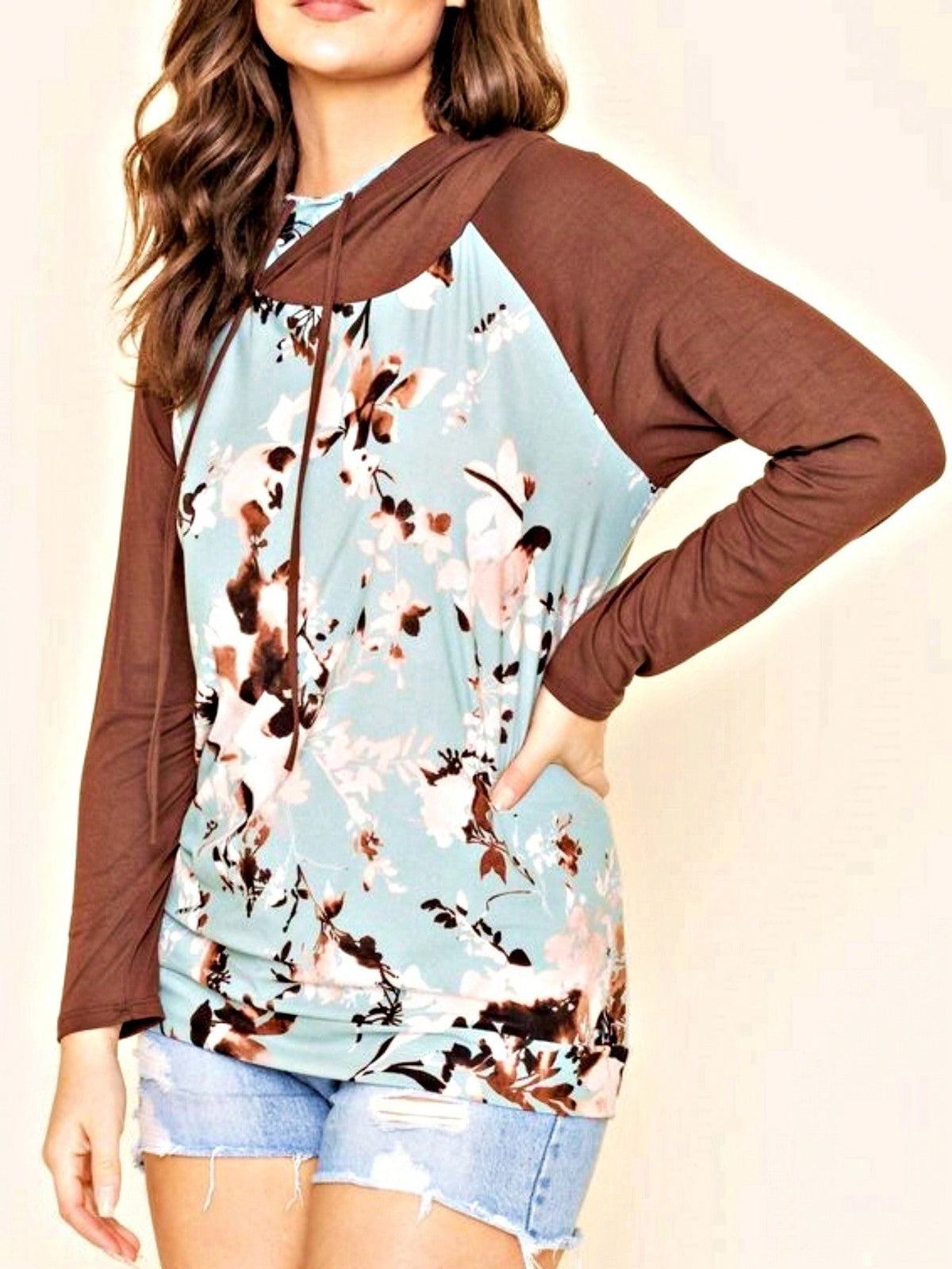 Women's Stylish Long Sleeve Knitted Fabric Top With Plaid Contrast Panel And Drawstring Detail Casual Regular Length Blouse