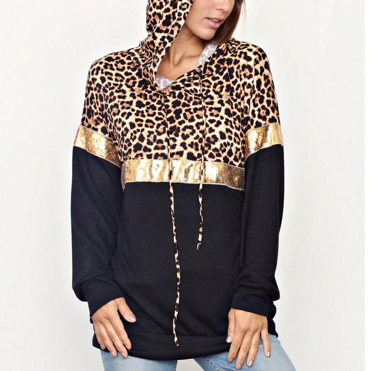 Women's Stylish Long Sleeve Knitted Fabric Top With Plaid Contrast Panel And Drawstring Detail Casual Regular Length Blouse
