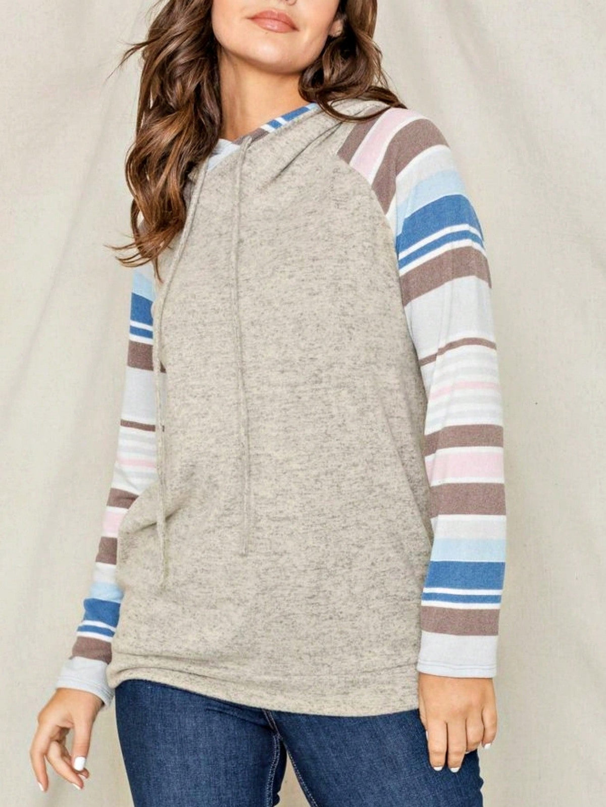 Women's Stylish Long Sleeve Knitted Fabric Top With Plaid Contrast Panel And Drawstring Detail Casual Regular Length Blouse