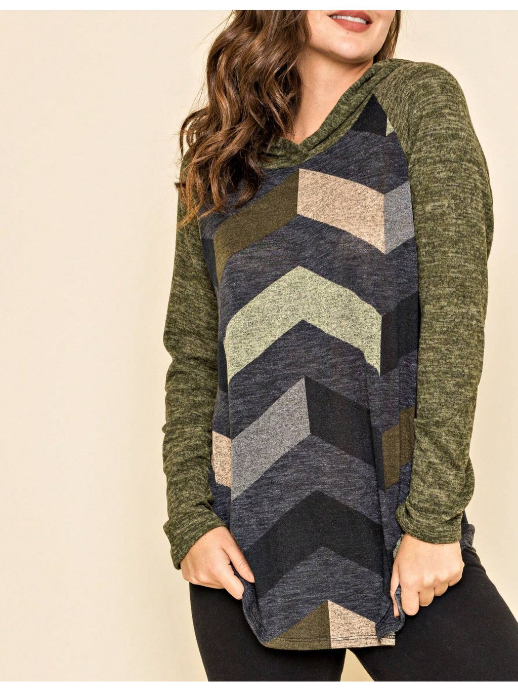 Women's Stylish Long Sleeve Knitted Fabric Top With Plaid Contrast Panel And Drawstring Detail Casual Regular Length Blouse
