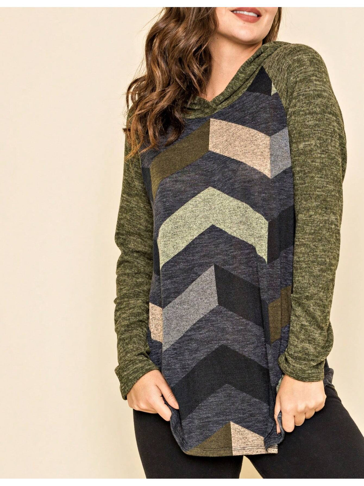 Women's Stylish Long Sleeve Knitted Fabric Top With Plaid Contrast Panel And Drawstring Detail Casual Regular Length Blouse