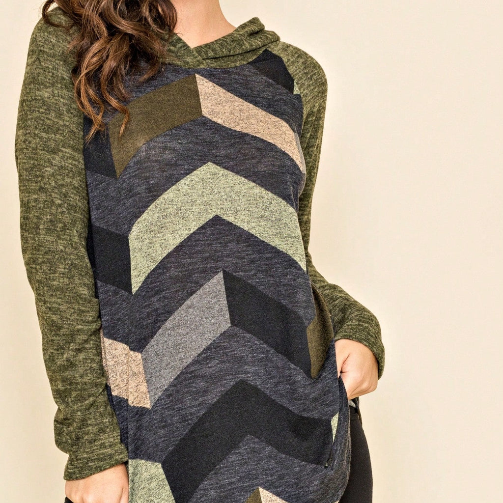 Women's Stylish Long Sleeve Knitted Fabric Top With Plaid Contrast Panel And Drawstring Detail Casual Regular Length Blouse