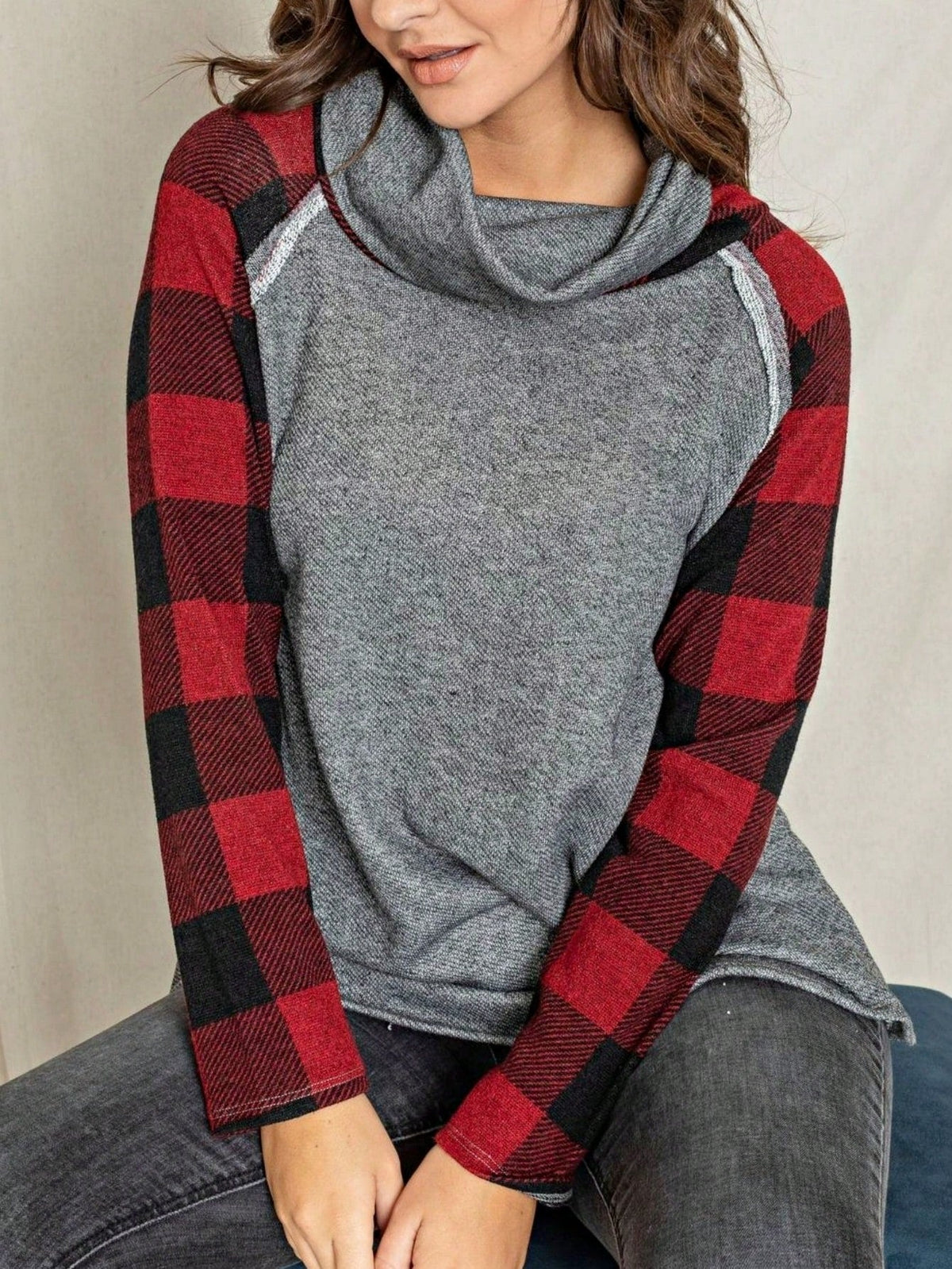 Women's Stylish Long Sleeve Knitted Fabric Top With Plaid Contrast Panel And Drawstring Detail Casual Regular Length Blouse