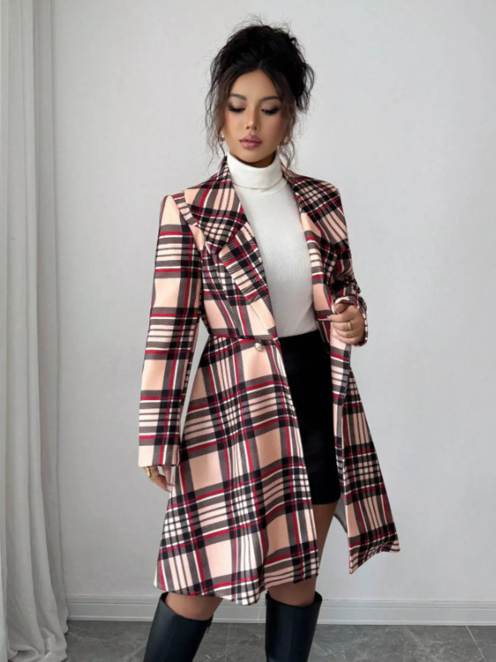 Plaid Button Up Long Sleeve Coat for Women
