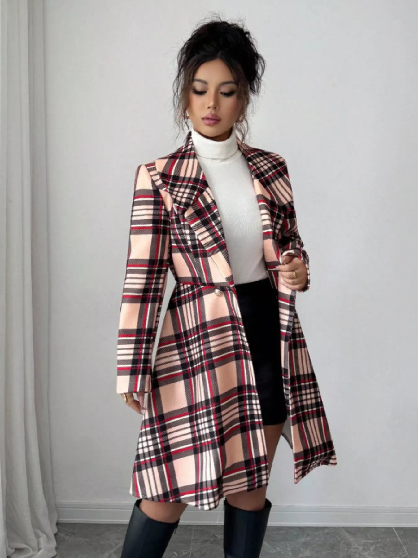Plaid Button Up Long Sleeve Coat for Women