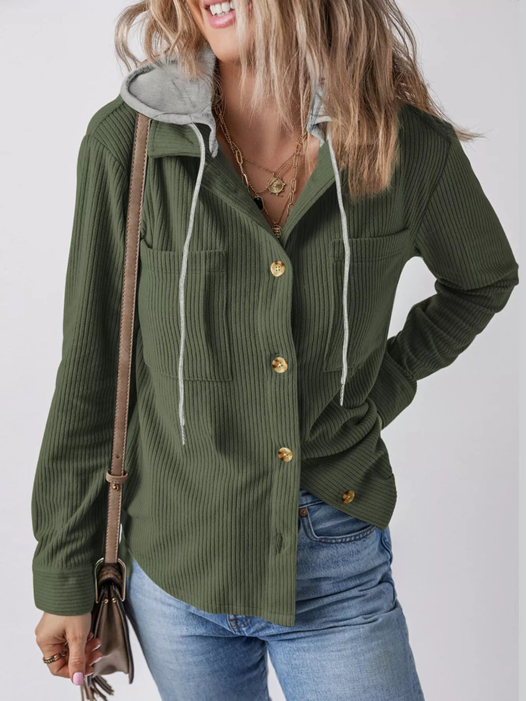 Hooded Corduroy Button-Down Jacket