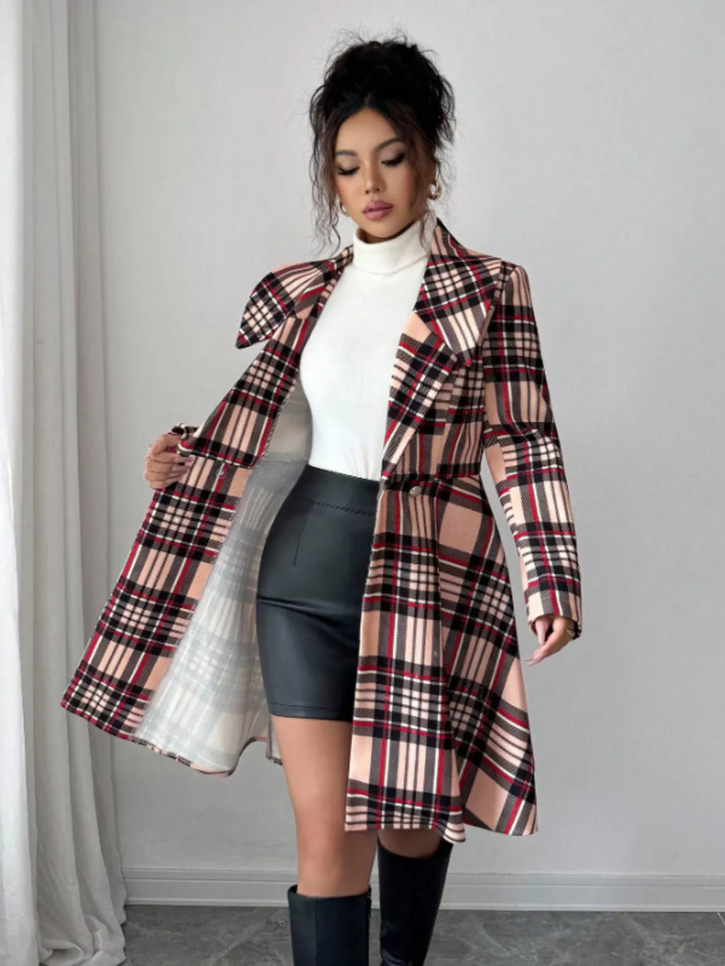 Plaid Button Up Long Sleeve Coat for Women