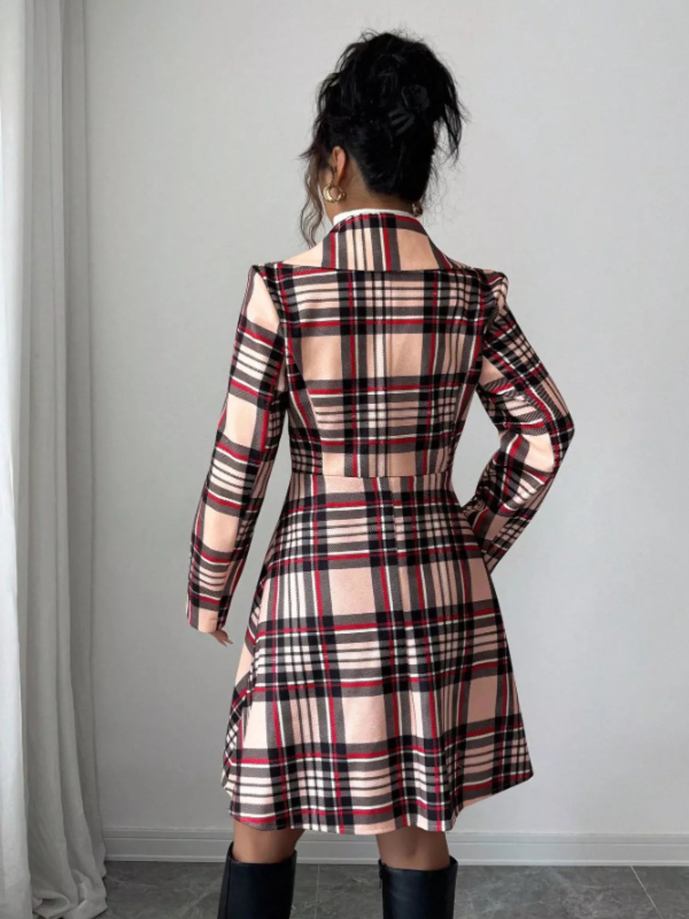 Plaid Button Up Long Sleeve Coat for Women