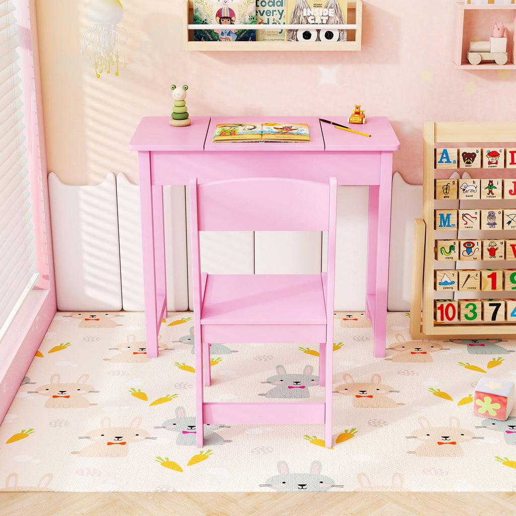 2-in-1 Kids Vanity Makeup Table and Chair Set with Flip Top Mirror-Pink