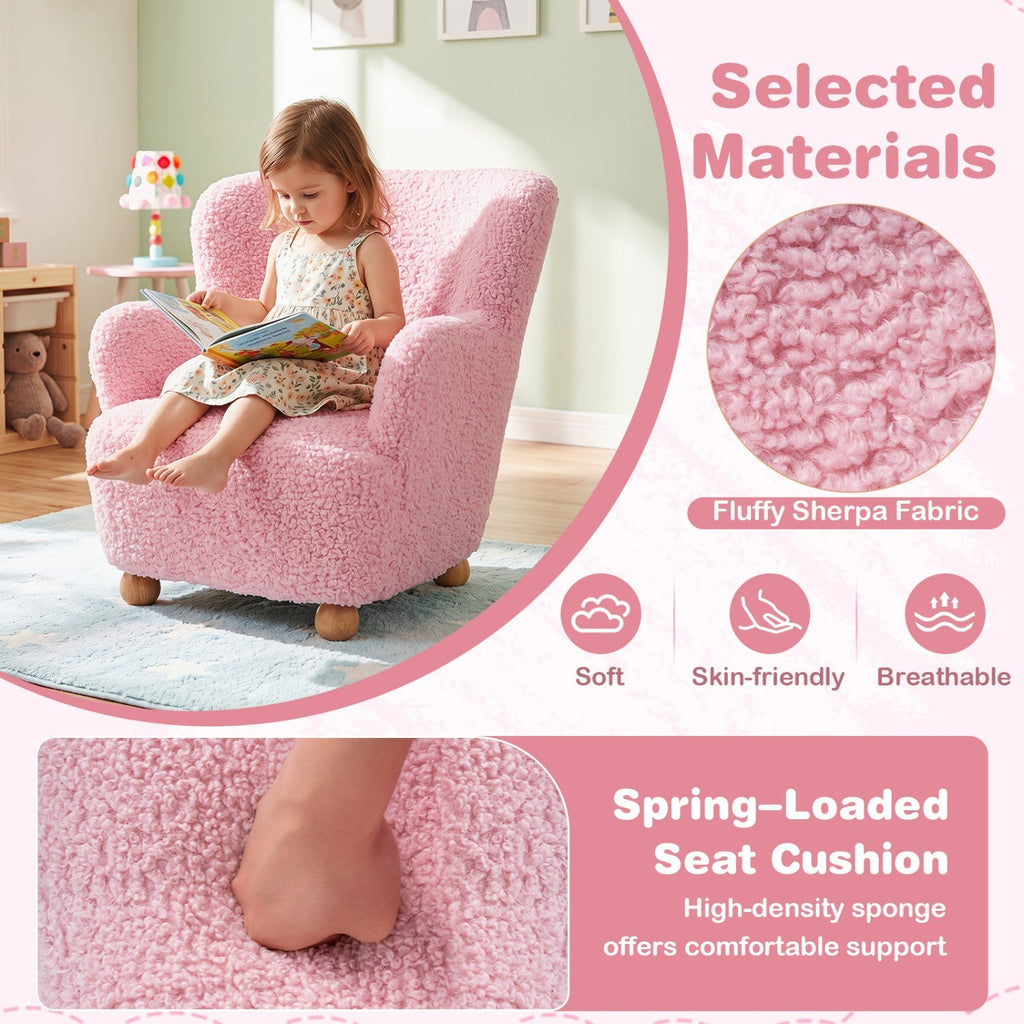 Kids Sherpa Armchair with Solid Wood Legs - Light Pink