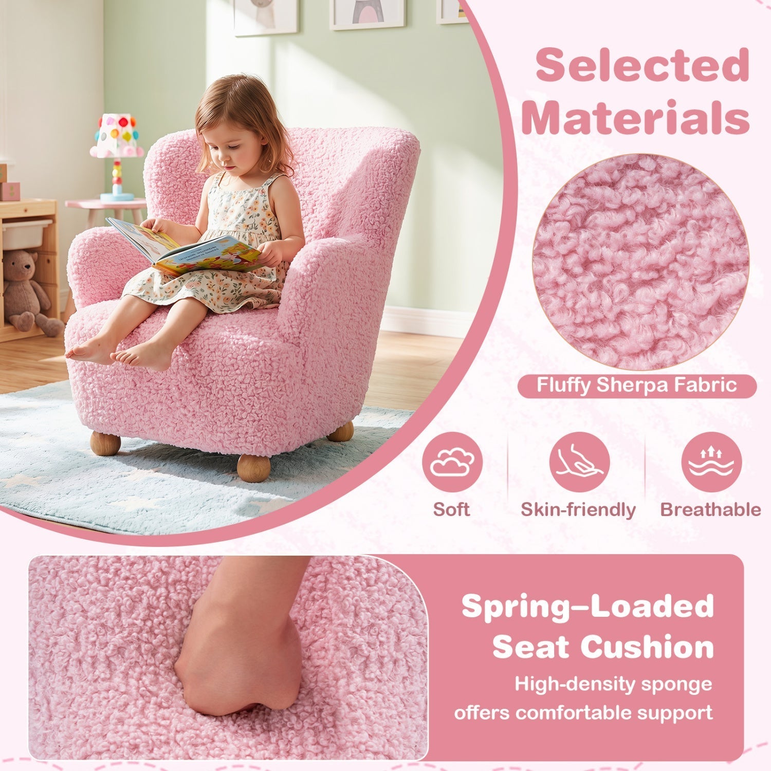 Kids Sherpa Armchair with Solid Wood Legs - Light Pink