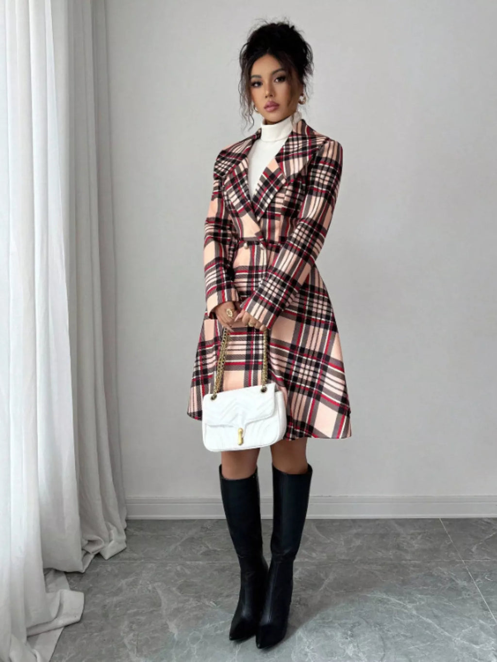 Plaid Button Up Long Sleeve Coat for Women