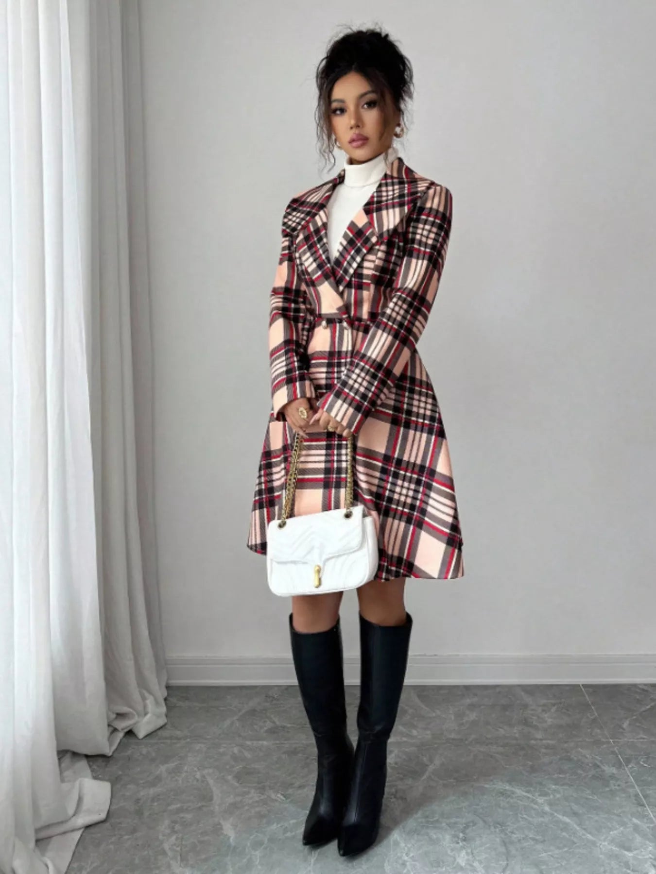 Plaid Button Up Long Sleeve Coat for Women
