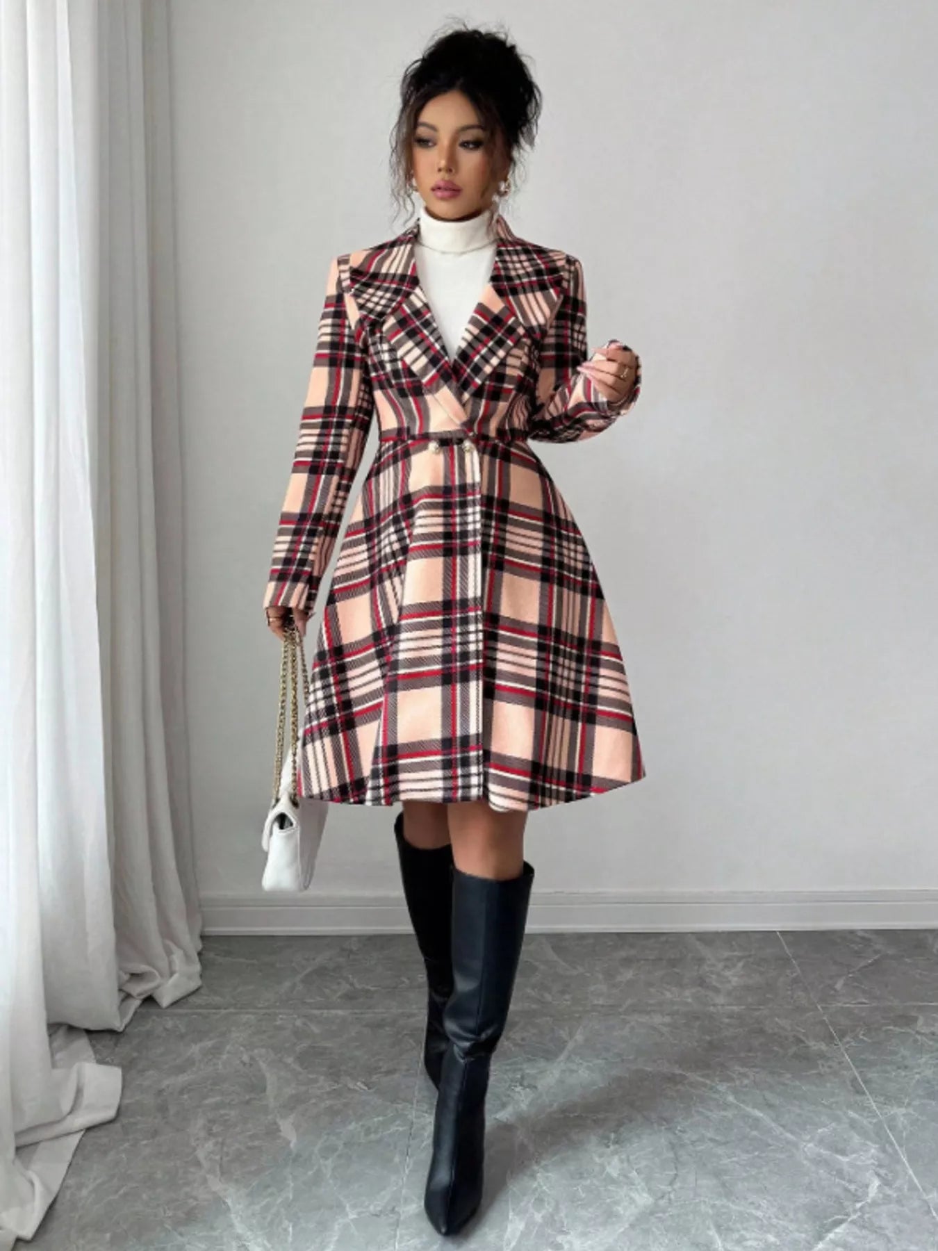 Plaid Button Up Long Sleeve Coat for Women