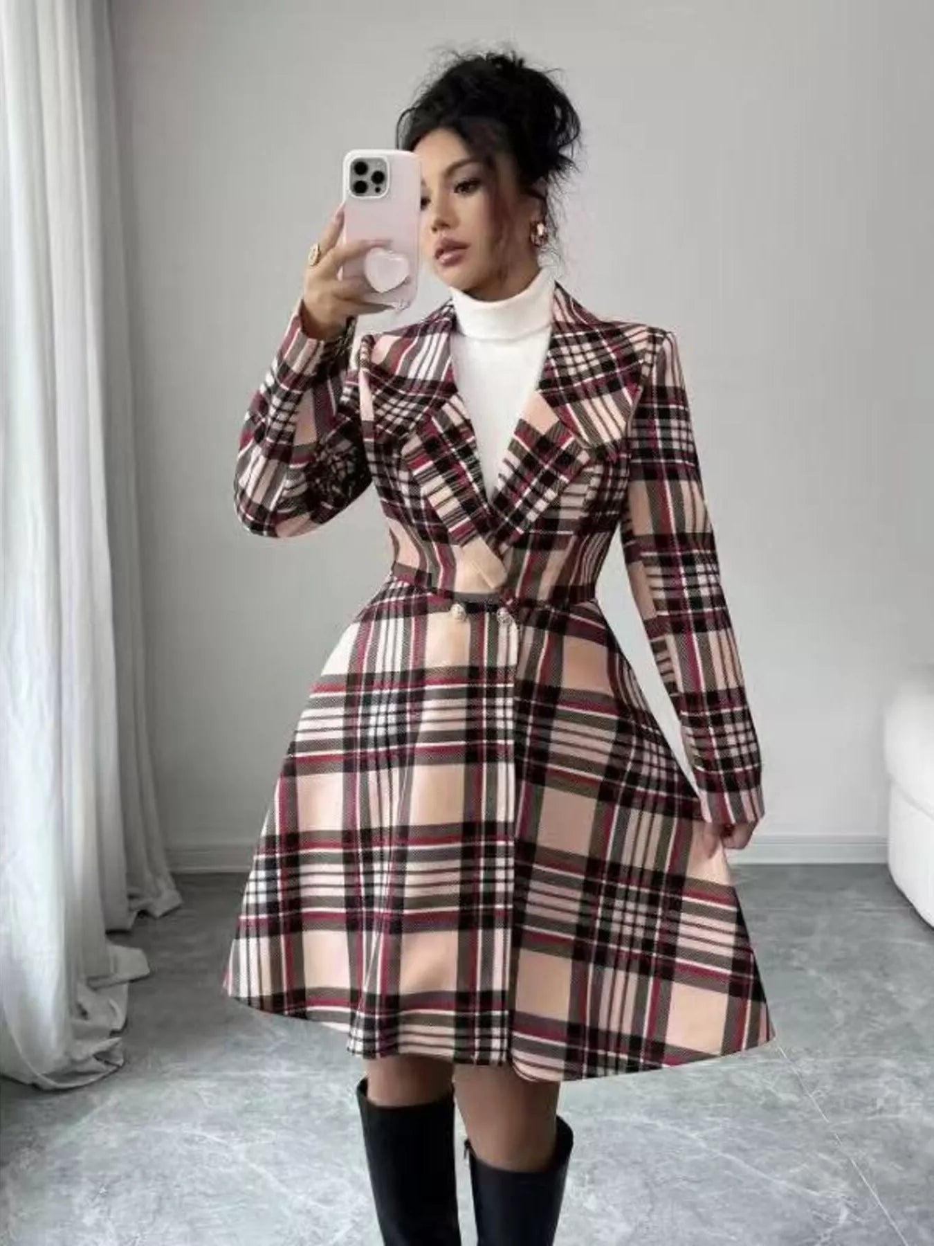 Plaid Button Up Long Sleeve Coat for Women
